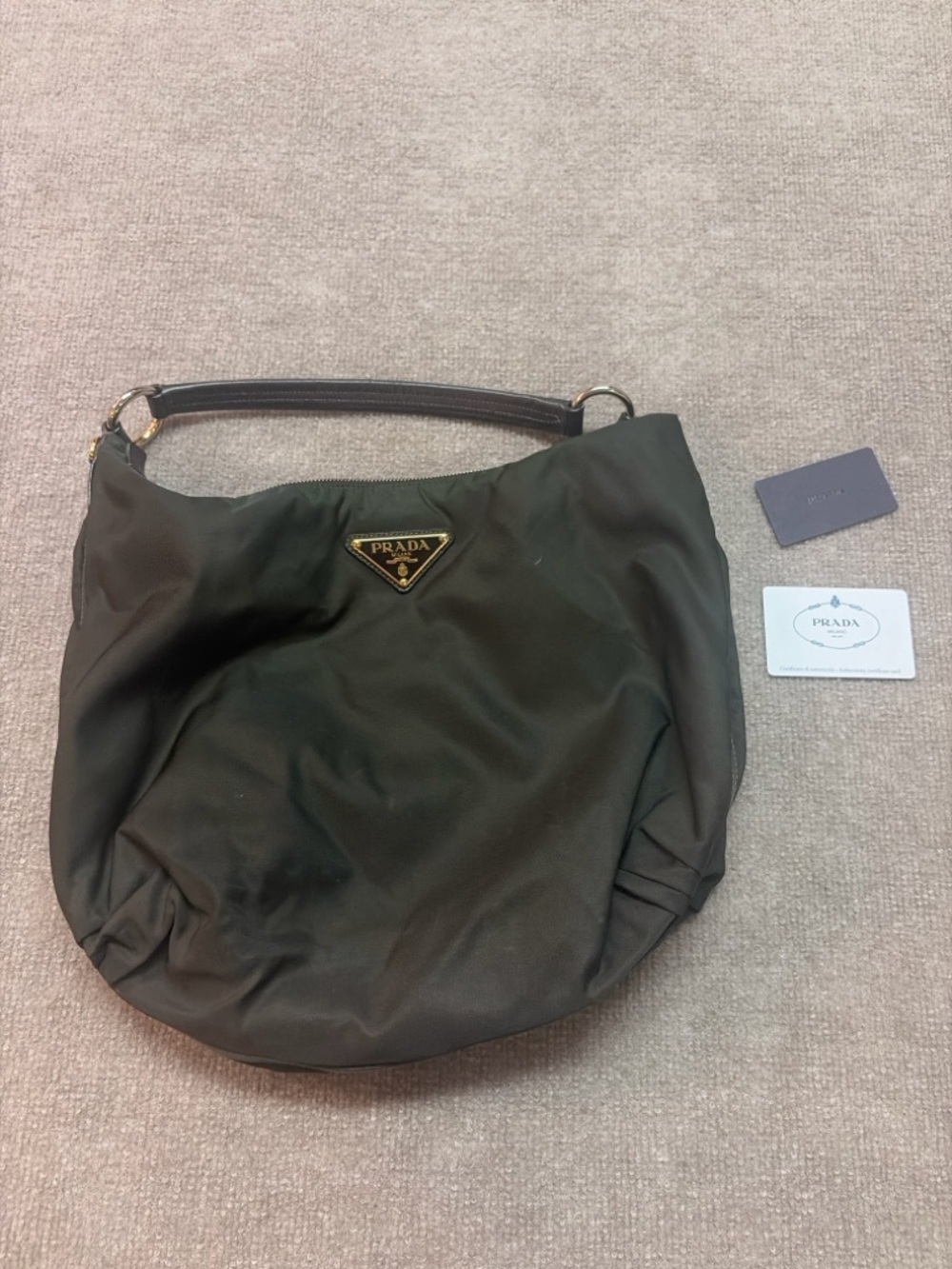 Prada Tessuto Nylon Hobo Bag Smog BR3279 Shoulder Bag w/ Cards